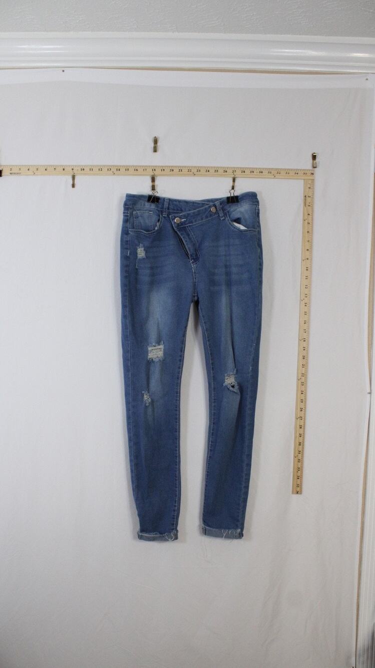 Women XL Crossover Waist Distressed Skinny Jeans Stretch Denim Blue Raw Hem